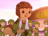 a cartoon of a boy wearing a helmet and standing in front of a group of soldiers