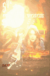 a picture of a woman holding a guitar with the words voice written above her