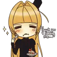a cartoon of a girl holding a piece of cake with the words thank you 4 feeding me