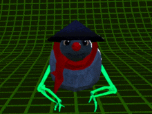 a frog wearing a hat and scarf is sitting on a green grid