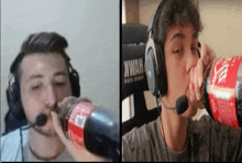 a man wearing headphones drinking a bottle of coke