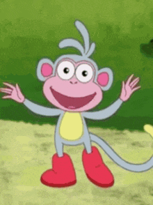 a cartoon monkey wearing red boots and glasses is standing in the grass .