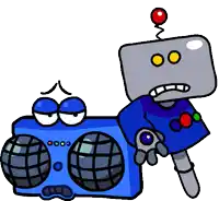 a cartoon of a robot standing next to a blue speaker