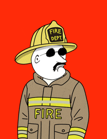 a cartoon drawing of a fireman with the word fire on his jacket