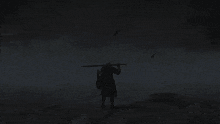 a man holding a sword stands on top of a rocky hill overlooking the ocean