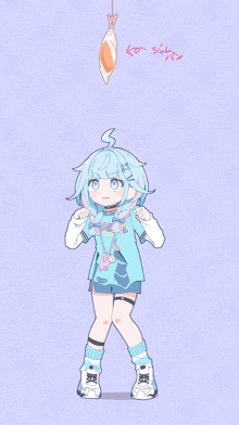 a drawing of a girl hanging from a rope with a fish on her head
