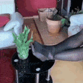 a woman 's feet rest on a table with a plant in a vase