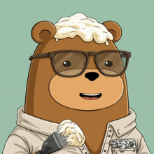 a bear wearing glasses and holding a brush with whipped cream on his head