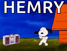 a cartoon of snoopy dancing in front of a boombox with the word hemry written above him