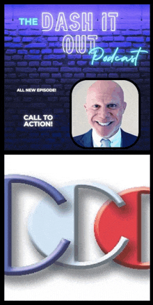 an advertisement for the dash it out podcast shows a man in a suit and tie