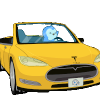 a cartoon drawing of a yellow tesla car with a blue penguin in the driver 's seat