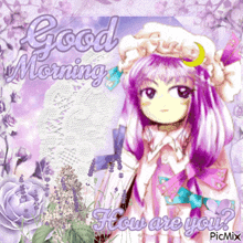 a picture of a girl with purple hair that says good morning how are you