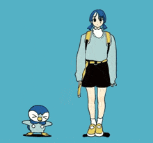 a girl with blue hair is standing next to a penguin