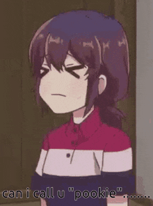 a girl in a red , white and blue shirt is making a funny face and says can i call u pookie .