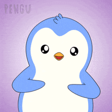 a blue and white penguin is surrounded by pink hearts and the word penguin is on the bottom