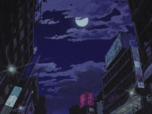 a drawing of a city at night with a full moon in the sky