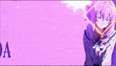 a girl with pink hair is standing in front of a purple background with the letters oa on it