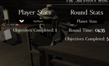 a screen shows player stats and round stats for planet voss and sirpluso