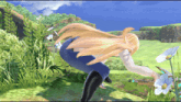 a video game character with long blonde hair standing in a field