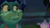 a cartoon character is standing next to a teapot and looking at something .