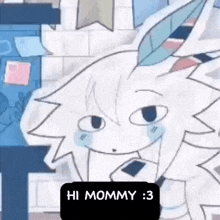a cartoon drawing of a white rabbit with a blue feather on its head and a sticker that says `` hi mommy ''