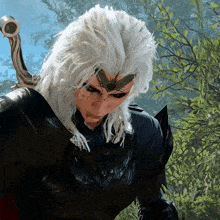 a video game character with white hair and a black armor