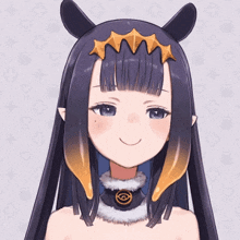 a close up of a cartoon character with horns and a smile on her face