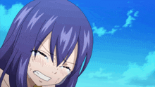 a girl with purple hair is smiling and crying