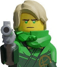 a lego ninjago character is holding a gun in his right hand .