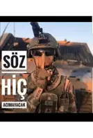 a soldier wearing a helmet and sunglasses holds his finger to his mouth in front of a sign that says söz hic