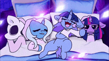 a cartoon of three ponies on a bed
