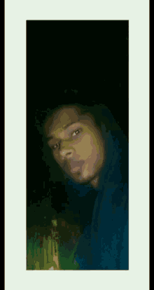 a young man wearing a blue hoodie is taking a picture of himself
