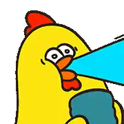 a yellow chicken with a red crest is holding a blue object in its mouth .