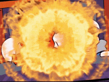 a cartoon drawing of a person with a huge explosion in the background