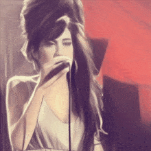 a painting of a woman singing into a microphone with a red background