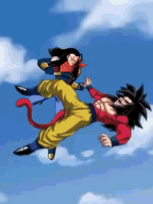 a couple of cartoon characters are flying in the sky