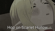 a picture of a girl with the words hop on scarlet hollow