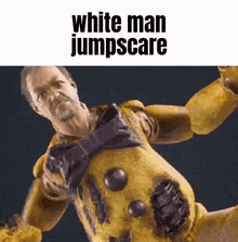 a white man is jumpscaring a yellow puppet with a purple bow tie .
