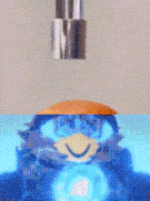 a close up of a cartoon character with a blue light coming out of it 's mouth