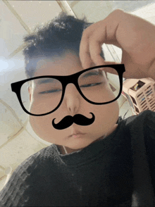 a person wearing glasses and a fake mustache on their face
