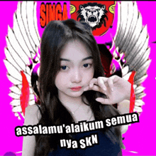 a girl with long hair and wings says assalamu ' alaikum semua nya skn
