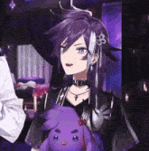 a girl with purple hair holds a stuffed animal