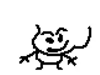 a pixel art drawing of a frog with a long tail