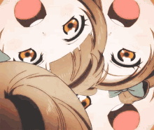 a close up of a girl 's face with orange eyes and a bow