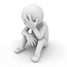 a 3d man is sitting down and covering his face with his hand .