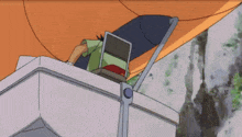 a cartoon character is sitting on top of a boat with a canopy .