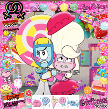 a picture of two cartoon characters with a sign that says love machines