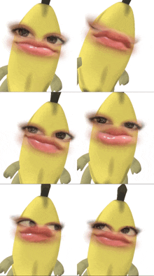 a collage of images of a yellow banana with a black hat