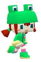 a little girl wearing a green frog hat is walking .