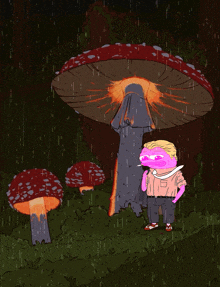 a cartoon of a man smoking a cigarette in the rain surrounded by mushrooms